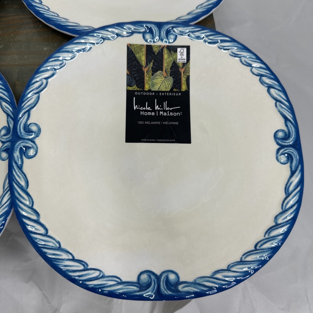 4 Nicole Miller Blue Scroll Border 9" Melamine Salad Plates NWT luncheon Set - Picture 3 of 9